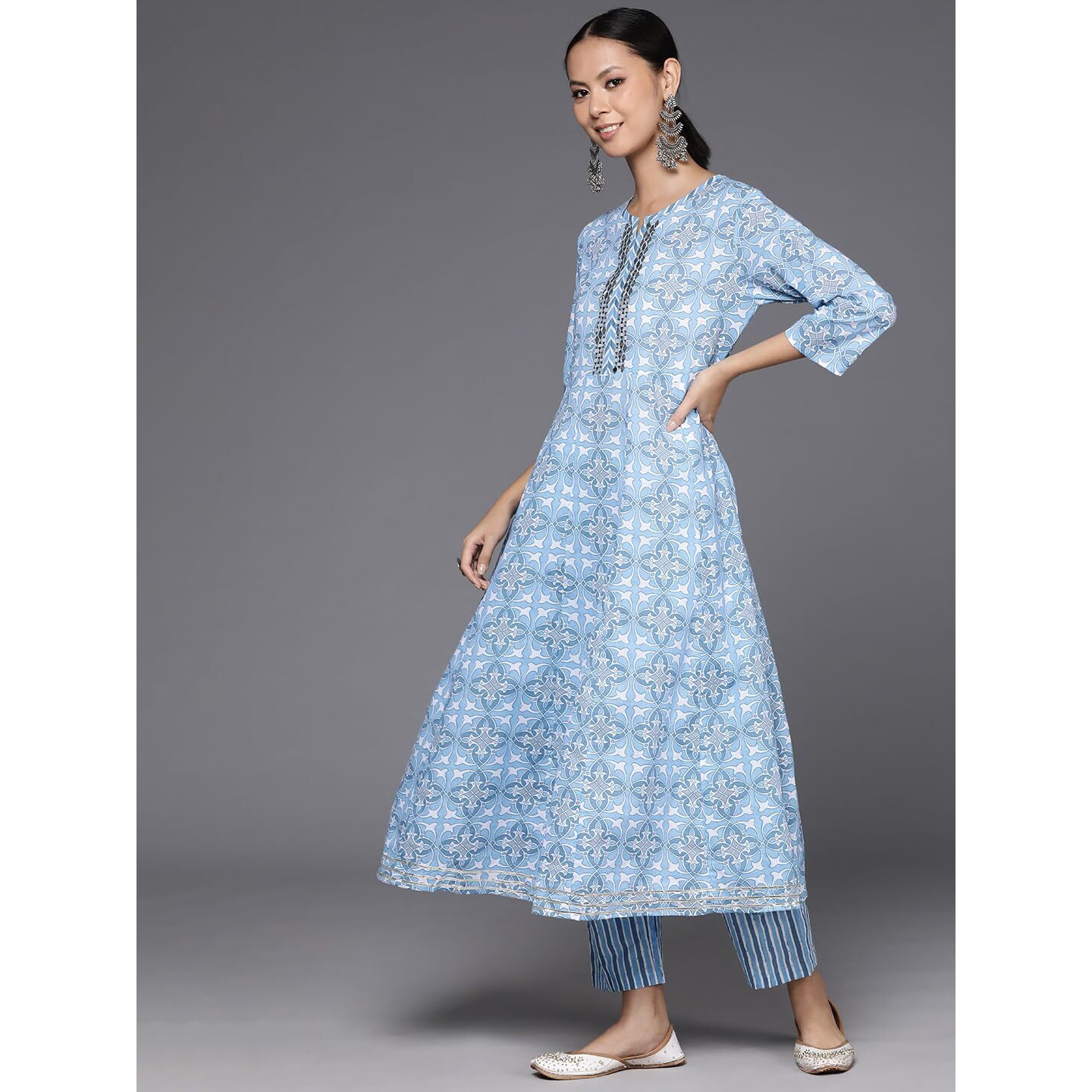 Varanga Women Blue Mirror Embroidered Abstract Printed Anarkali Kurta Paired With Tonal Bottom And Tonal Solid Dupatta With Four Side Traingular Gota Lace