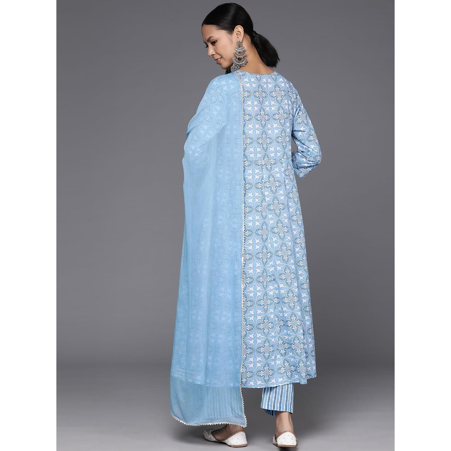 Varanga Women Blue Mirror Embroidered Abstract Printed Anarkali Kurta Paired With Tonal Bottom And Tonal Solid Dupatta With Four Side Traingular Gota Lace
