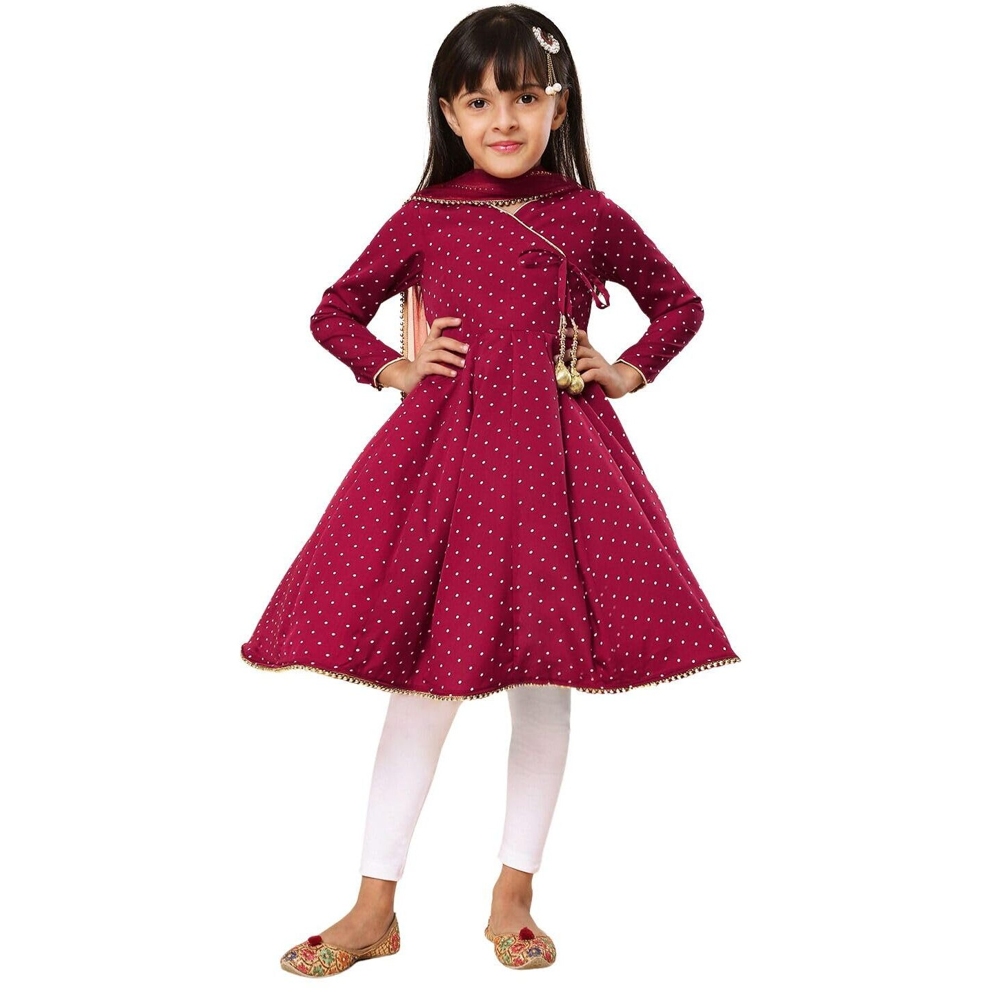 A.T.U.N. (All Things Uber Nice) Girls Printed Angrakha Pure Cotton Kurta With Leggings & Dupatta