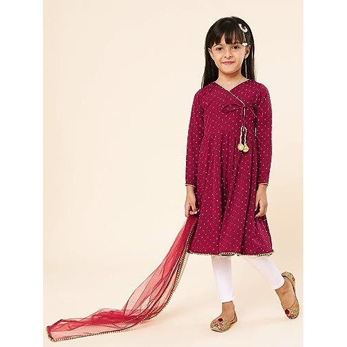 A.T.U.N. (All Things Uber Nice) Girls Printed Angrakha Pure Cotton Kurta With Leggings & Dupatta