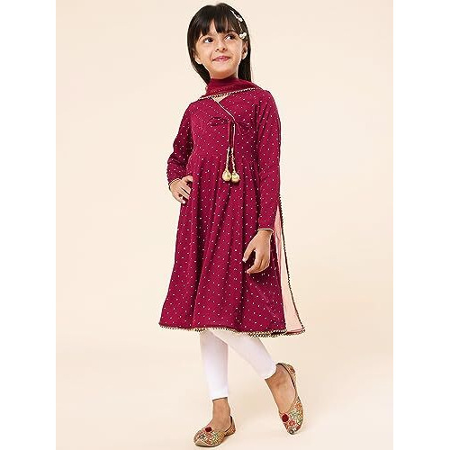 A.T.U.N. (All Things Uber Nice) Girls Printed Angrakha Pure Cotton Kurta With Leggings & Dupatta