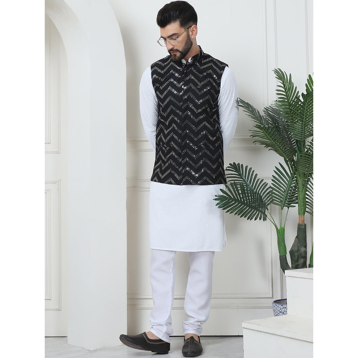 Sojanya (Since 1958 Men's Pure Cotton White Kurta And White Pyjama With Black Nehru Jacket