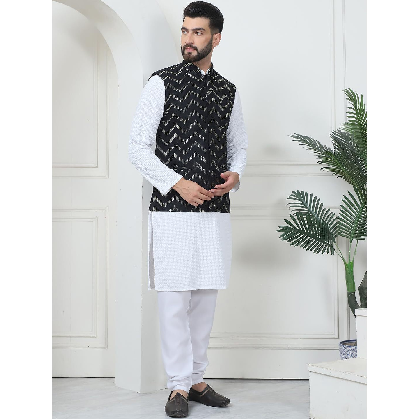 Sojanya (Since 1958 Men's Pure Cotton White Kurta And White Pyjama With Black Nehru Jacket