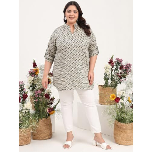 Tissu Women's Plus Size Floral Printed Pure Cotton Foldup Sleeves Kurti (2293_Beige_8Xl)