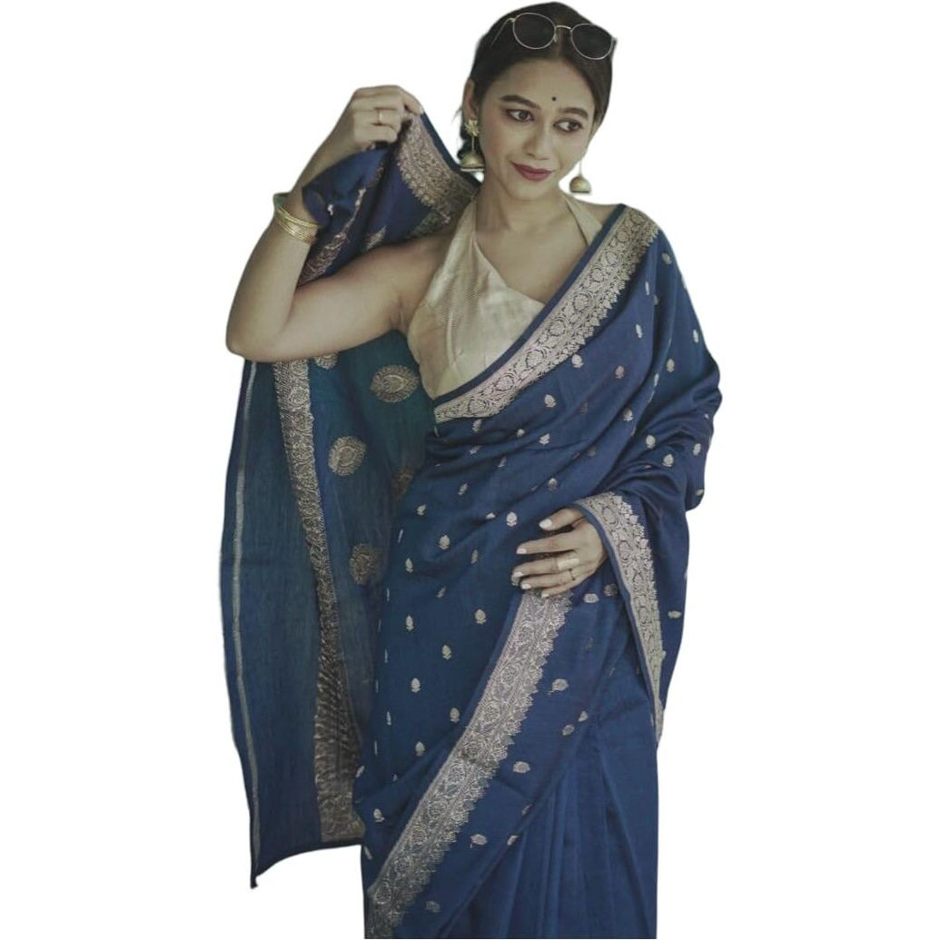 Flosive Women's Cotton Saree With Blouse Piece (Navy Blue)
