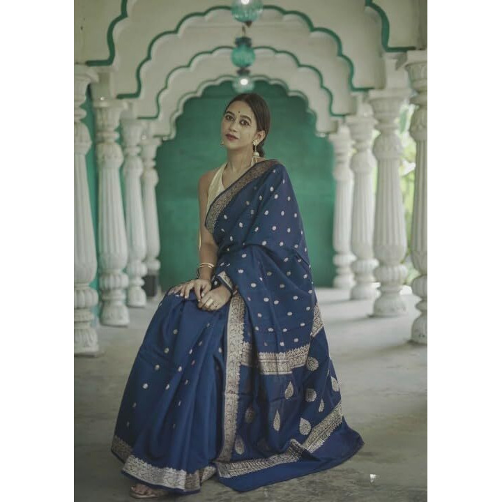 Flosive Women's Cotton Saree With Blouse Piece (Navy Blue)
