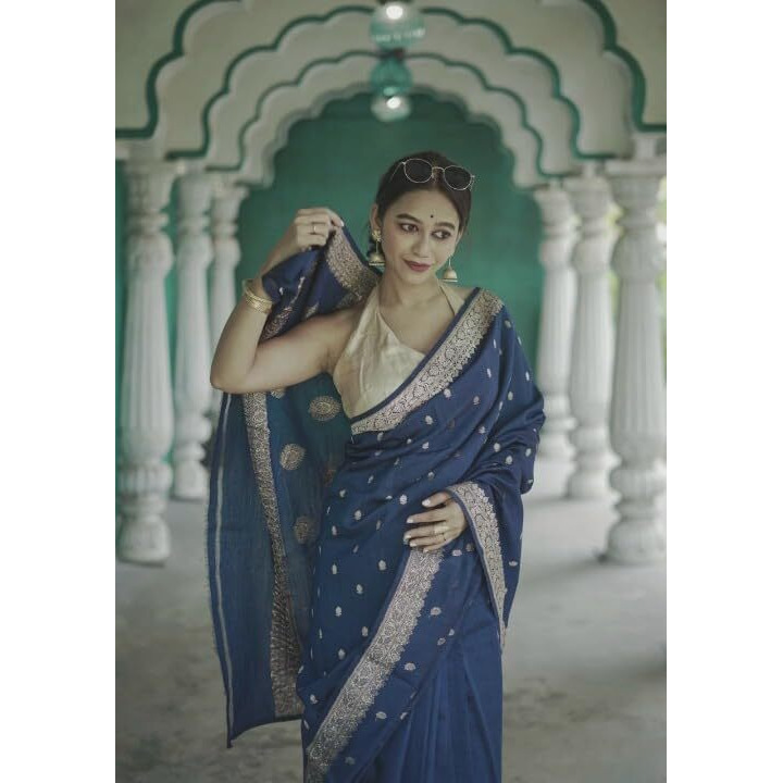 Flosive Women's Cotton Saree With Blouse Piece (Navy Blue)