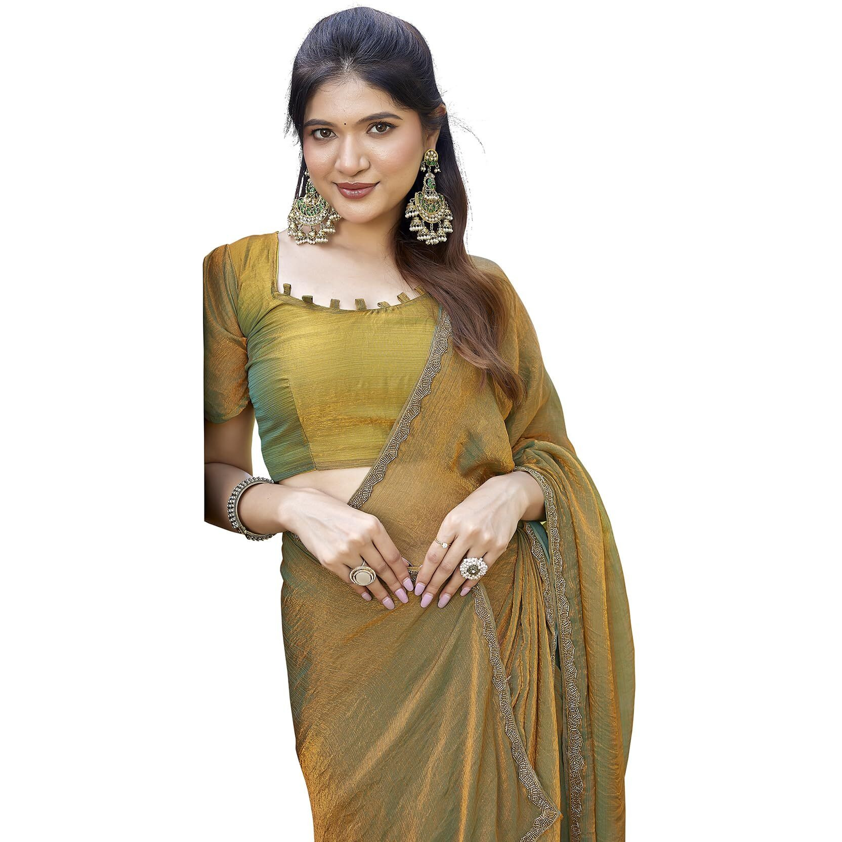 Yashika Women's Soft Zimmy Choo Fandy Silk Saree With Lace Border & Unstitched Blouse Piece |Bollywood Sari (Az-Ys-P3-Dhamaka Gold)