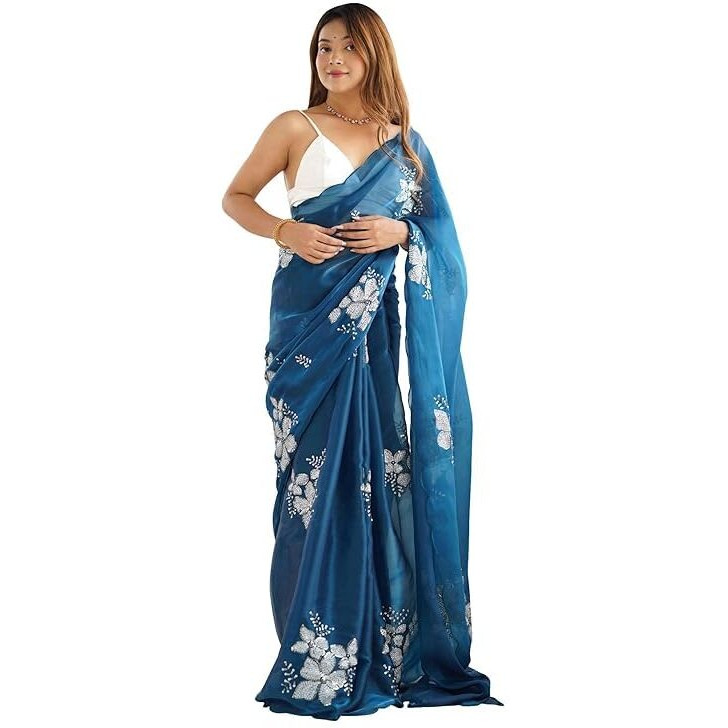 Flosive Women's Shimmer Organza Sequence Embroidery Saree With Unstitched Blouse Piece (Rama)