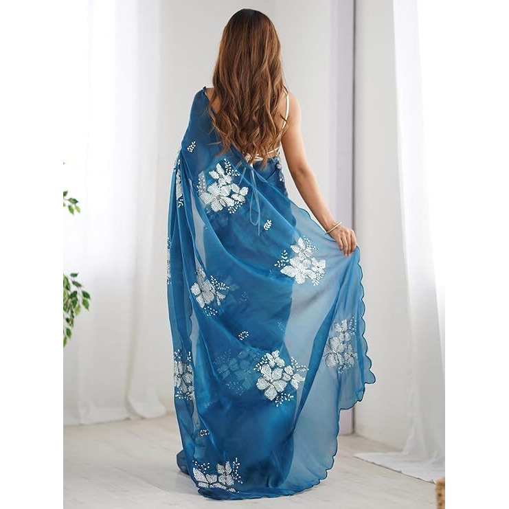 Flosive Women's Shimmer Organza Sequence Embroidery Saree With Unstitched Blouse Piece (Rama)