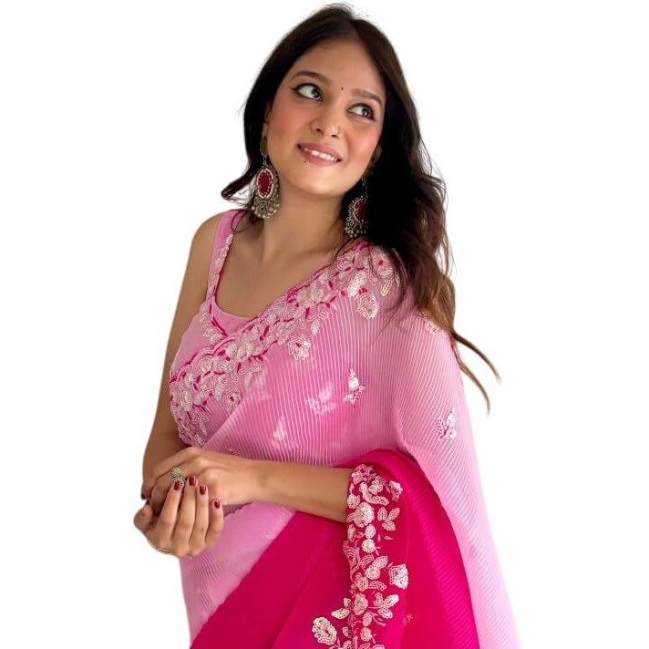 Flosive Women's Embroidered Bollywood Georgette Saree (Rani Pink & Light Pink)