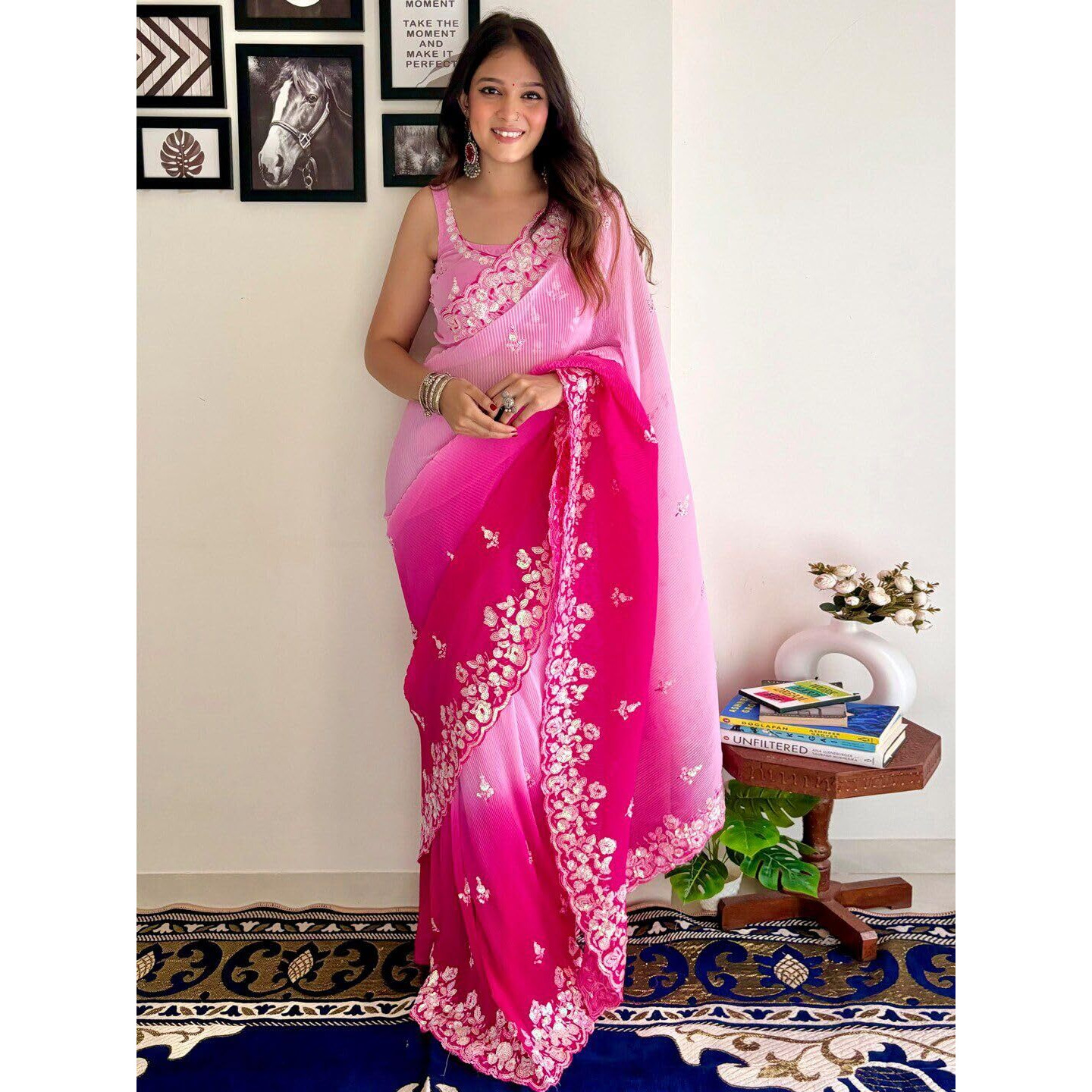 Flosive Women's Embroidered Bollywood Georgette Saree (Rani Pink & Light Pink)
