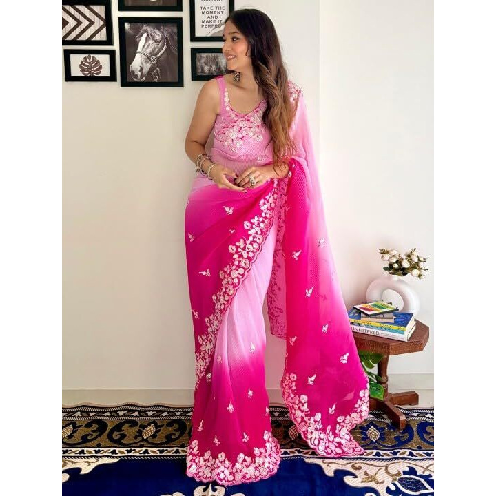 Flosive Women's Embroidered Bollywood Georgette Saree (Rani Pink & Light Pink)