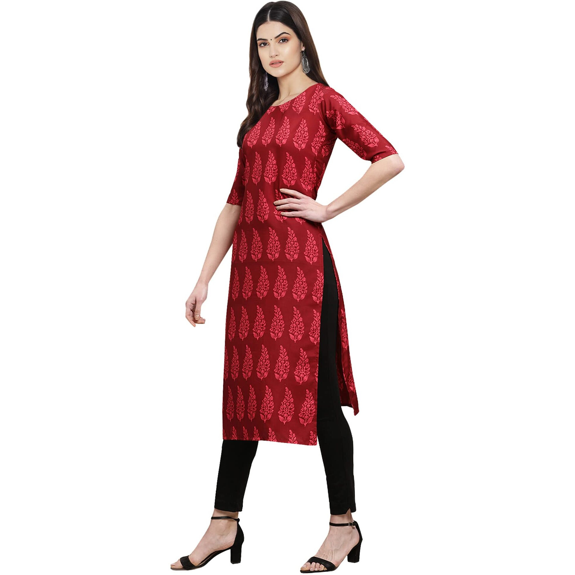 Pinkmint Women's Crepe Maroon Color Floral Printed Straight Kurti (530337-S)