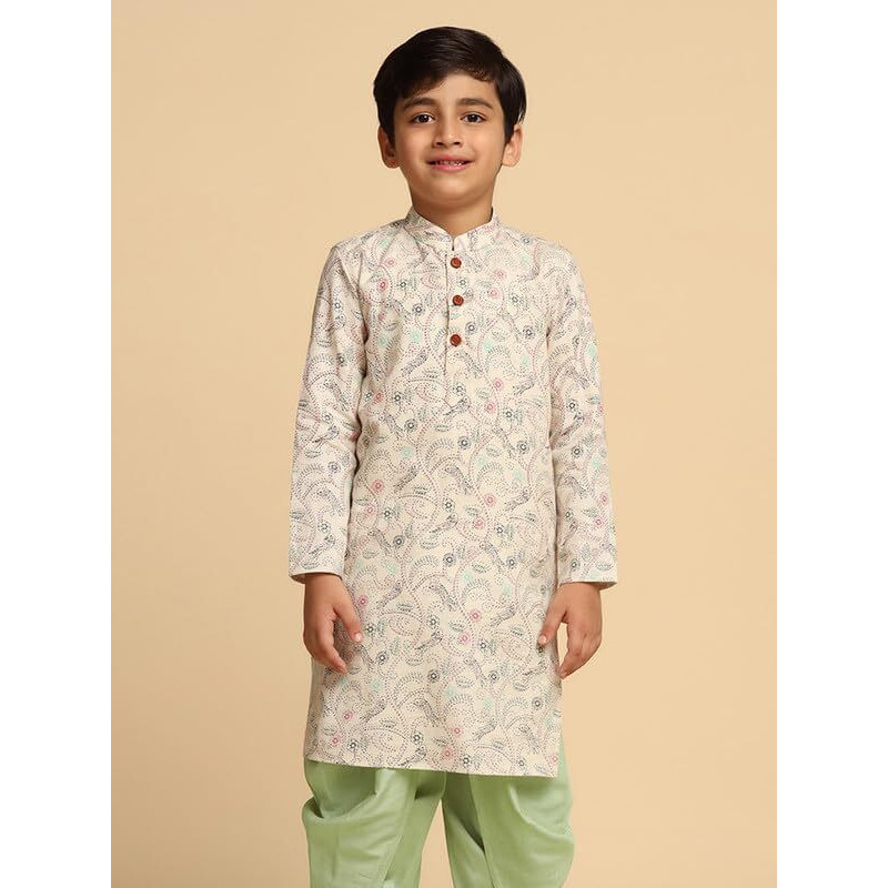Kisah Boy's Kurta, Multi Color Cotton Blend, Kantha Print Long Sleeves Regular Fit Mandarin Collar|11-12 Years Multicolour