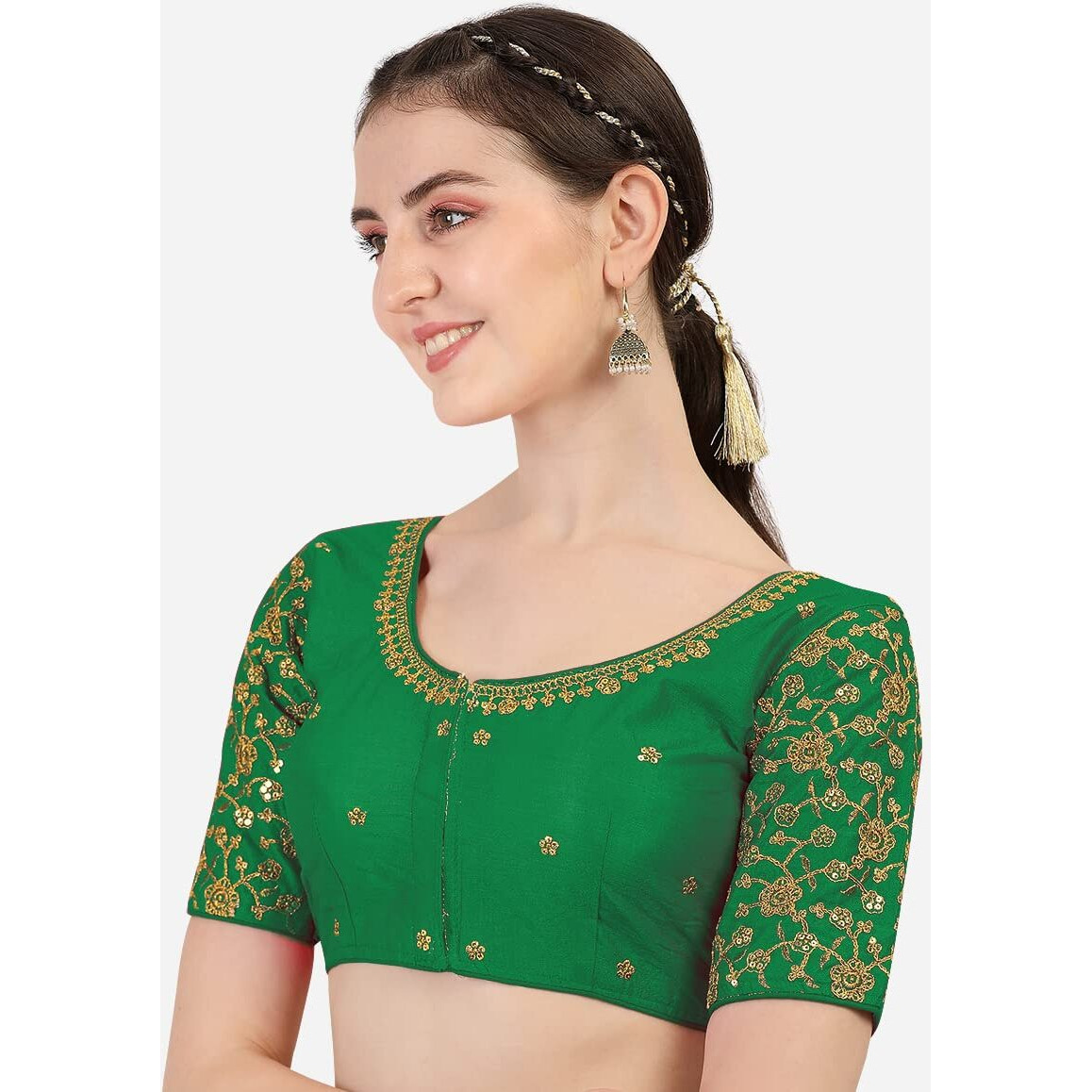 Pujia Mills Women's Silk Checkered Half Sleeve Blouse (Green Flower Blouse38_Green_38)