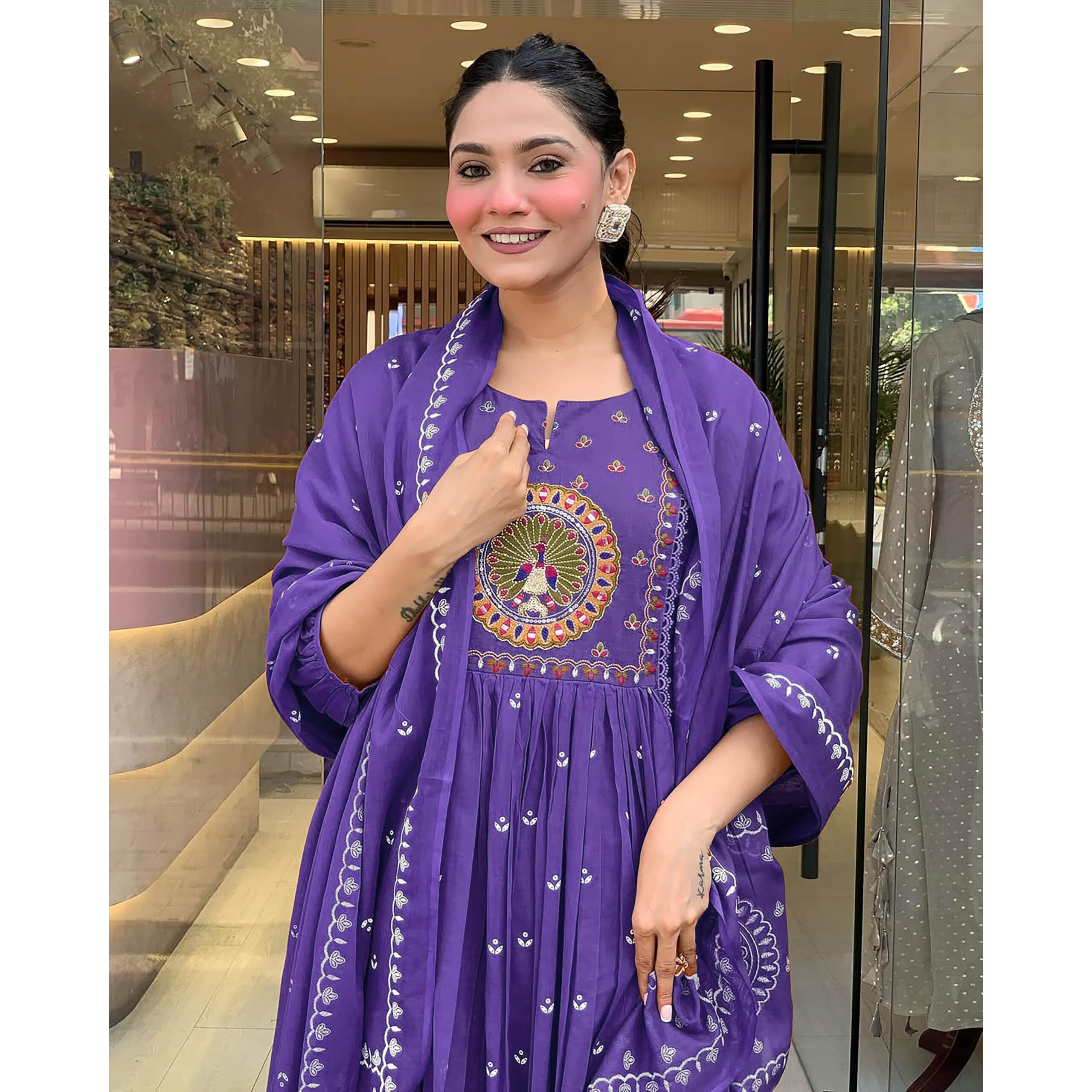 Klosia Women Printed Anarkali Kurta And Pant Set With Dupatta (In, Alpha, L, Purple)