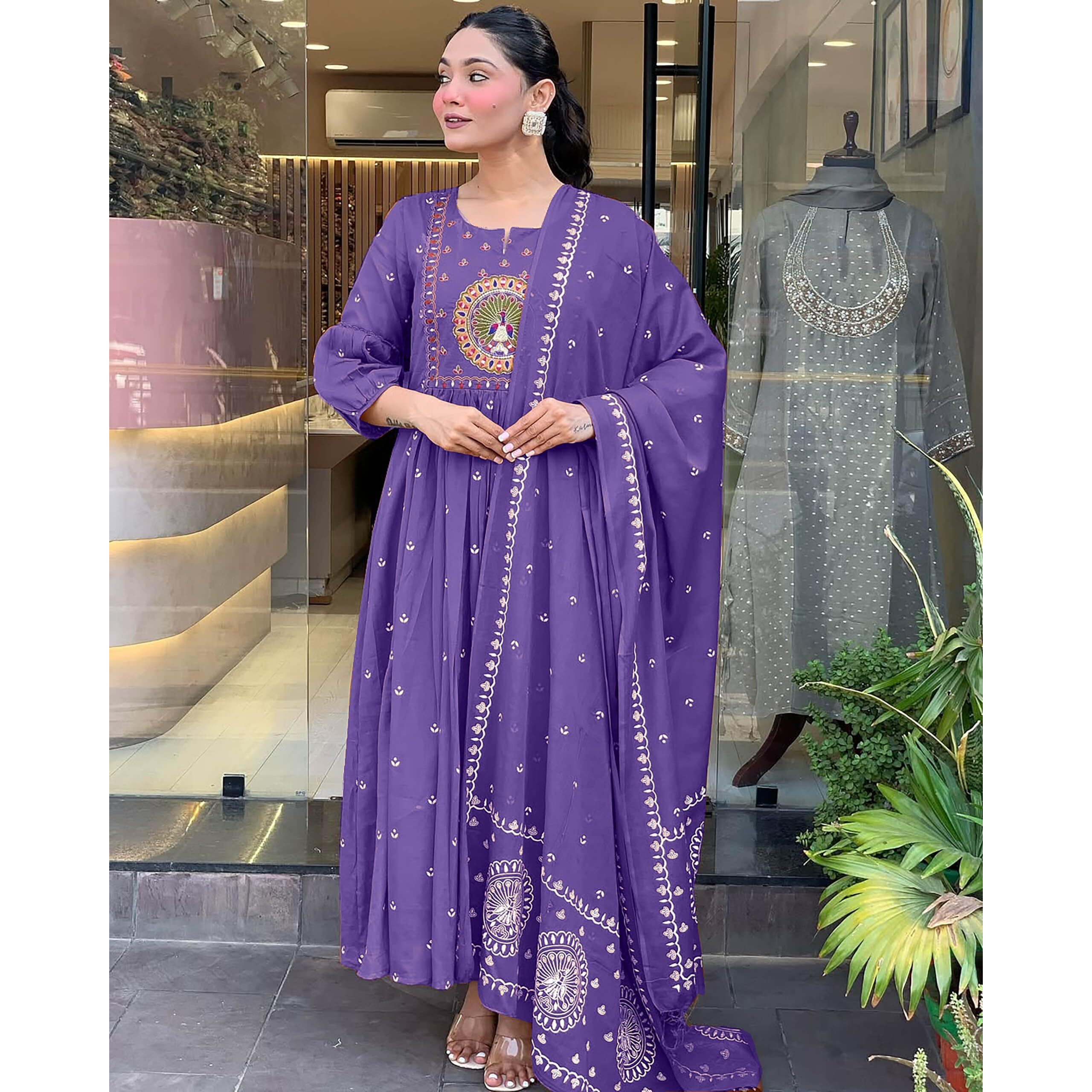 Klosia Women Printed Anarkali Kurta And Pant Set With Dupatta (In, Alpha, L, Purple)
