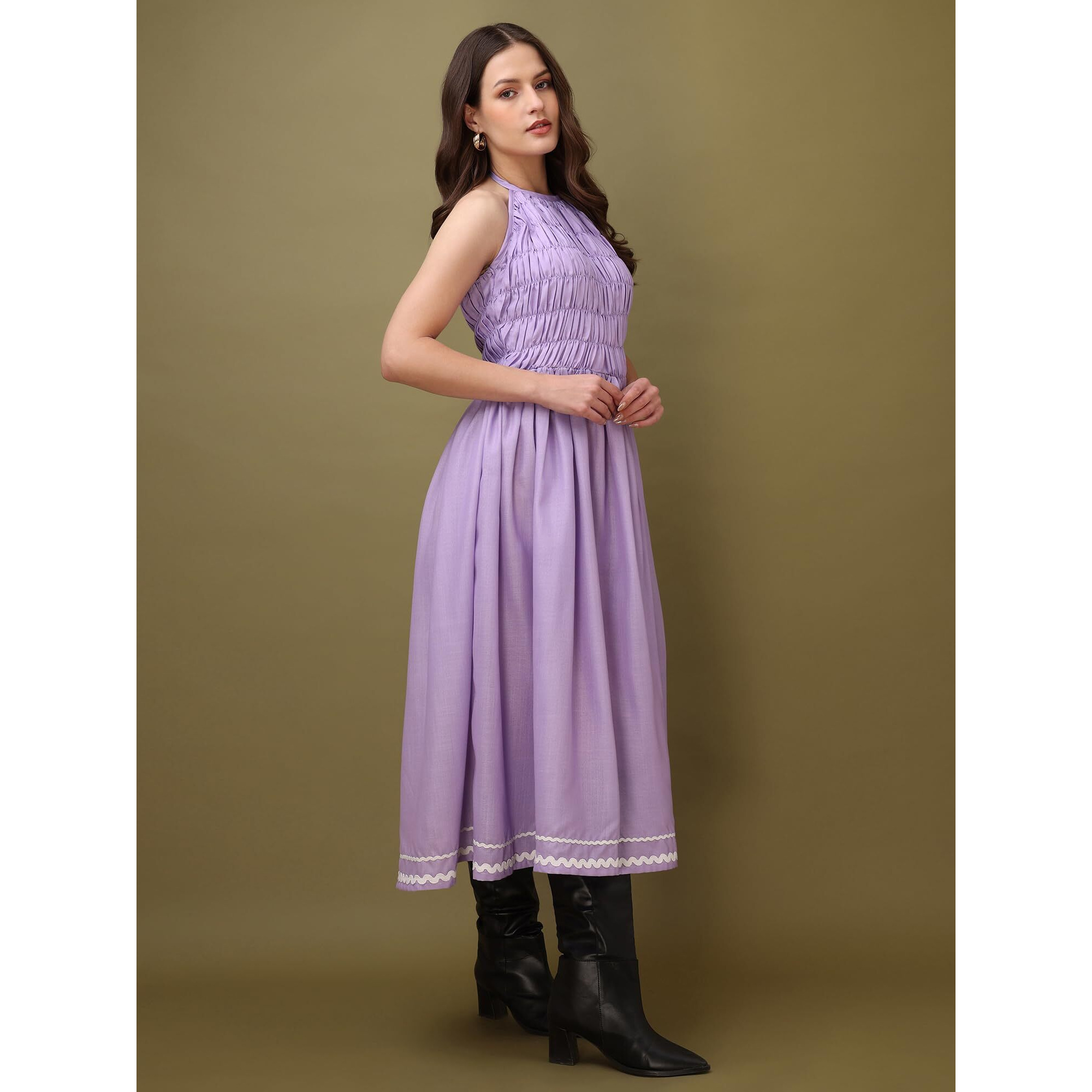 Purvaja Womens Halter Neck Fit & Flared Cotton Blend Dress (Floe-041-S_Purple)