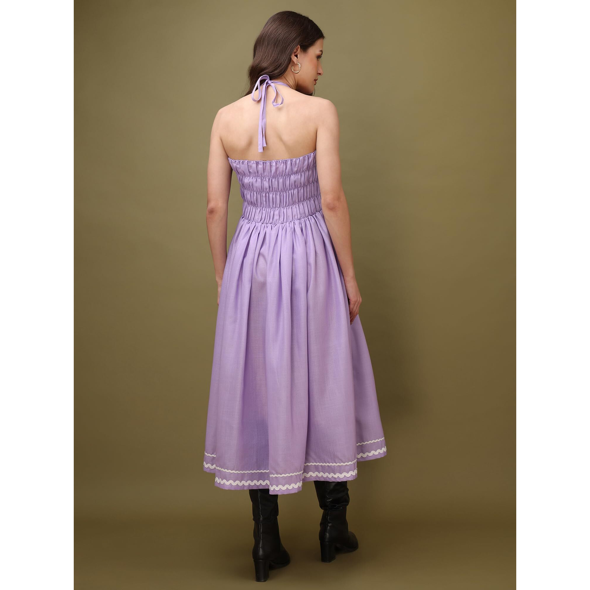 Purvaja Womens Halter Neck Fit & Flared Cotton Blend Dress (Floe-041-S_Purple)