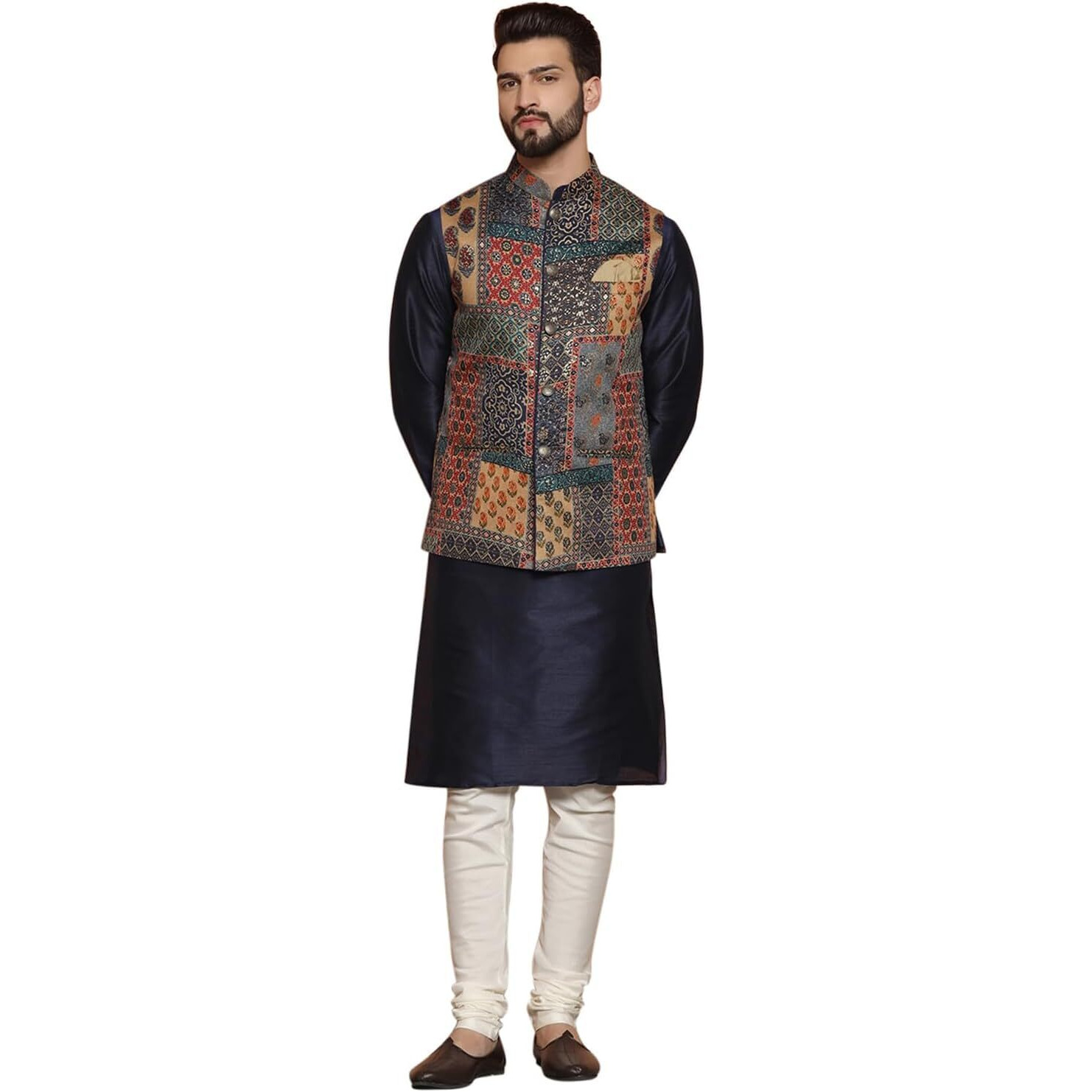 Kisah Men's Navy Blue Kurta, Multi-Color Printed Nehru Jacket & Pajama Set  Indian Ethnic Kurta Pyjama Set For Weddings & Festive Occasions