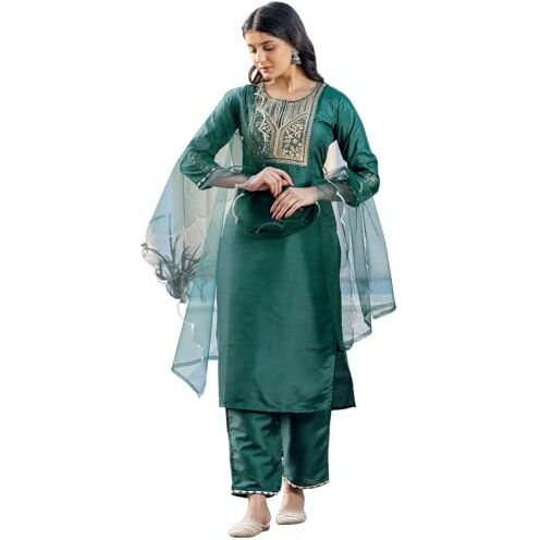 Sanisa Women's Silk Blend Embroidery And Sequins Work Straight Kurta With Pant And Dupatta Set (245Kbd2584N-Xxl_Dark Green)