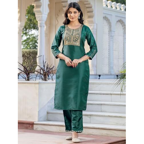 Sanisa Women's Silk Blend Embroidery And Sequins Work Straight Kurta With Pant And Dupatta Set (245Kbd2584N-Xxl_Dark Green)