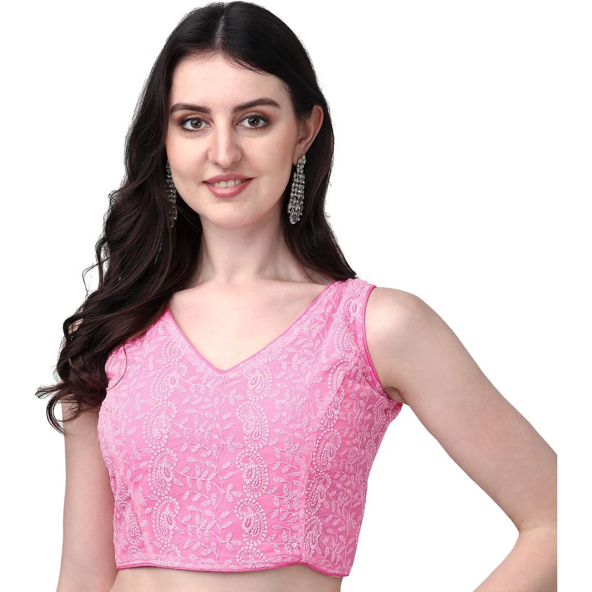 Pujia Mills Women's Georgette Sipali Sequin Work Sleeveless Blouse (Pink, 34)