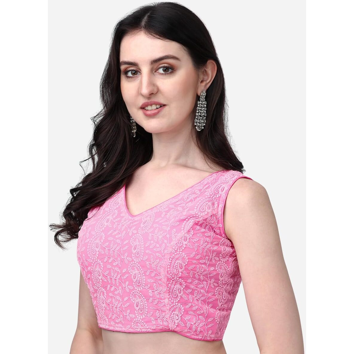 Pujia Mills Women's Georgette Sipali Sequin Work Sleeveless Blouse (Pink, 34)