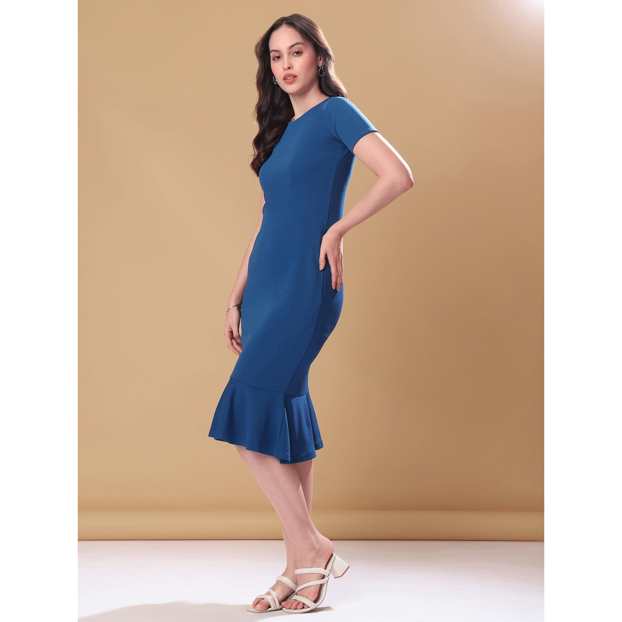 Purvaja Womens Bodycon Knee Length Dress (Bely-108_Dark Blue_Medium)