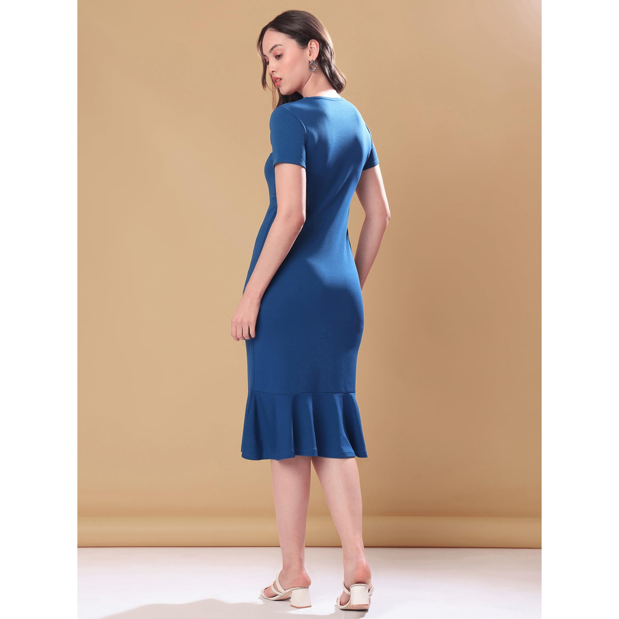 Purvaja Womens Bodycon Knee Length Dress (Bely-108_Dark Blue_Medium)