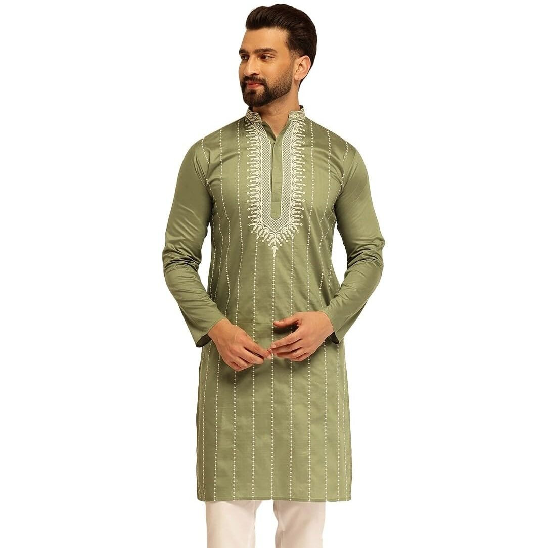 Sojanya (Since 1958 Men's Cotton Silk Green Long Kurta With Elegant Neck Embroidery