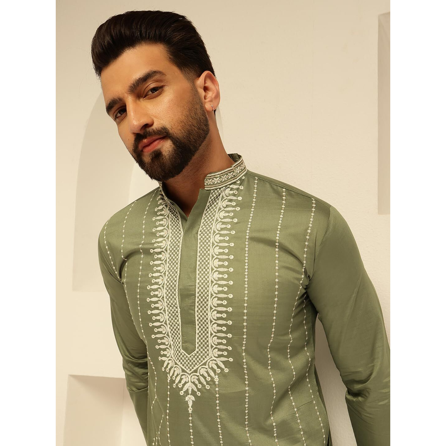 Sojanya (Since 1958 Men's Cotton Silk Green Long Kurta With Elegant Neck Embroidery