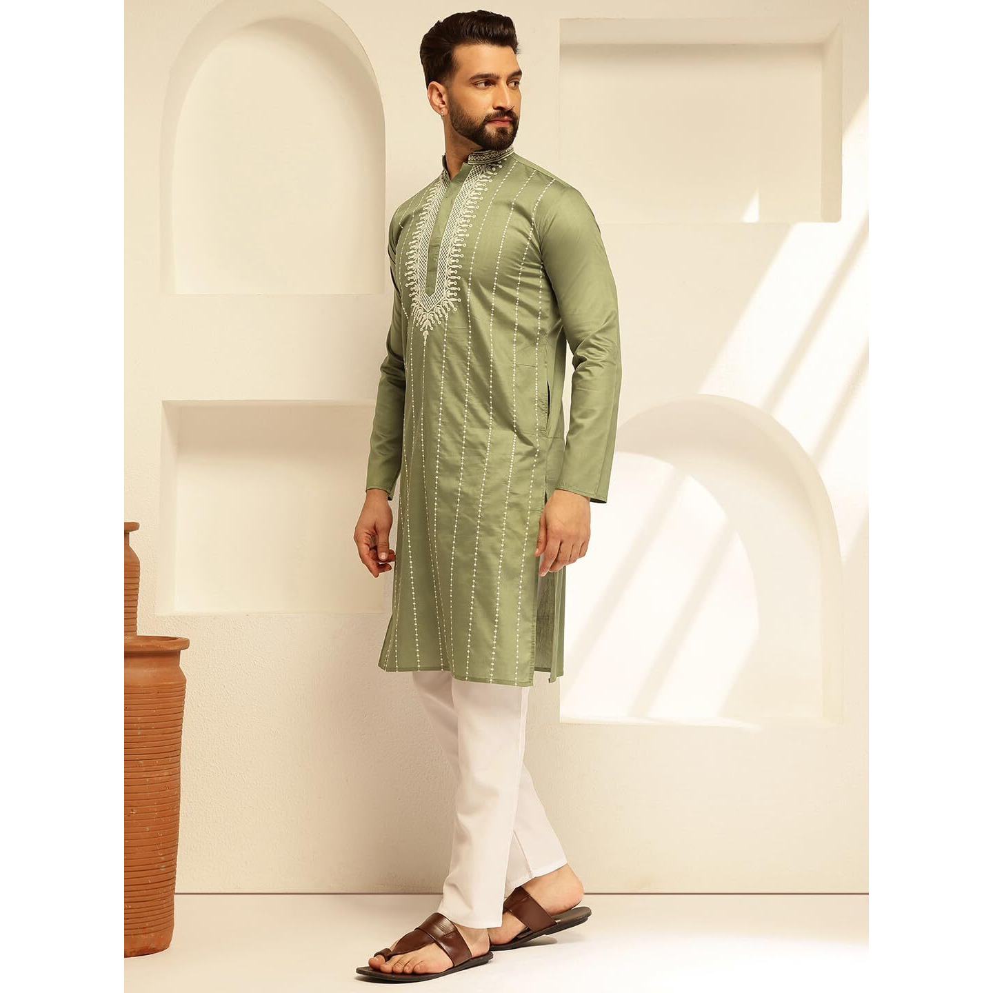 Sojanya (Since 1958 Men's Cotton Silk Green Long Kurta With Elegant Neck Embroidery