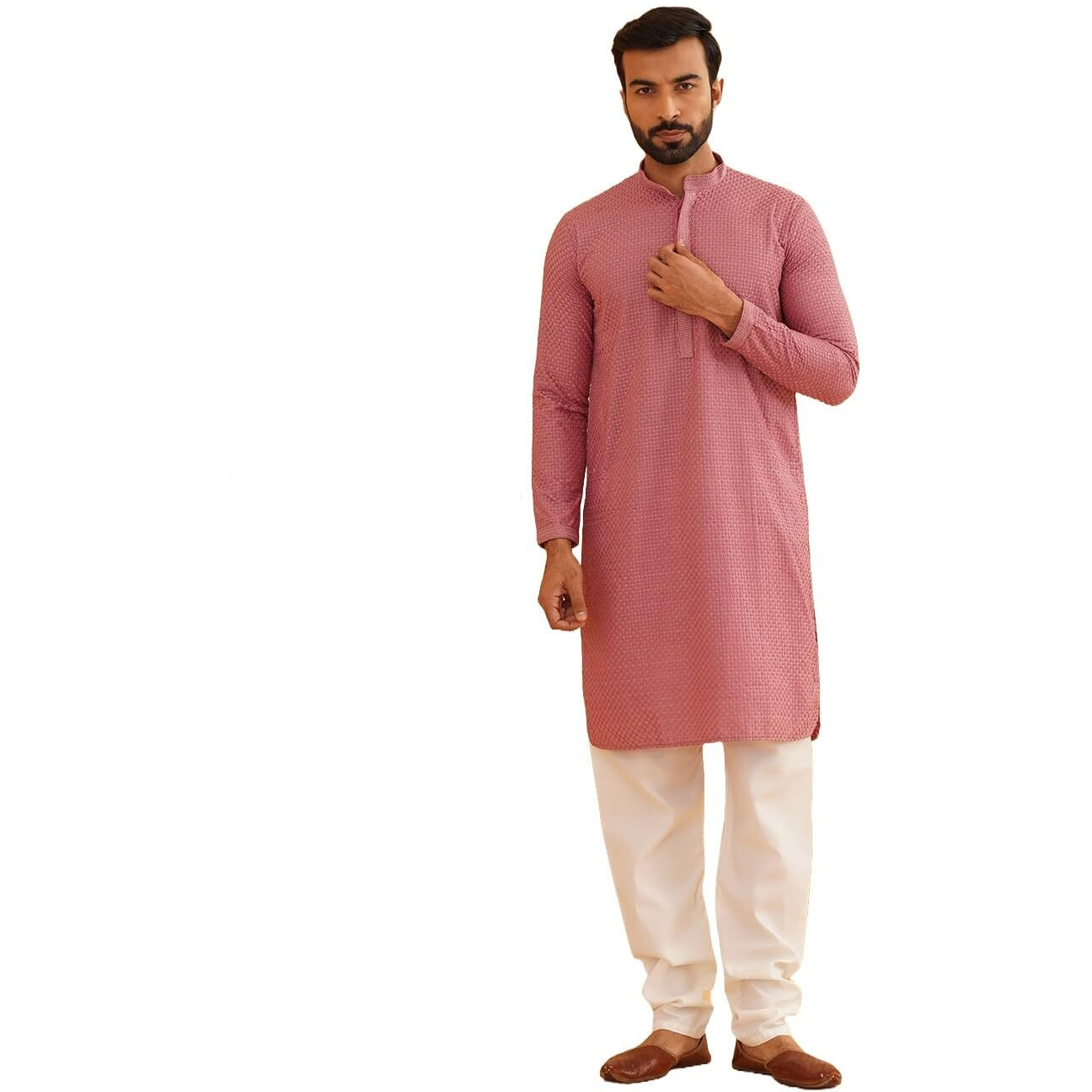 Sojanya (Since 1958 Men's Cotton Embroidered Thread Work Coral Kurta With White Churidar Pyjama