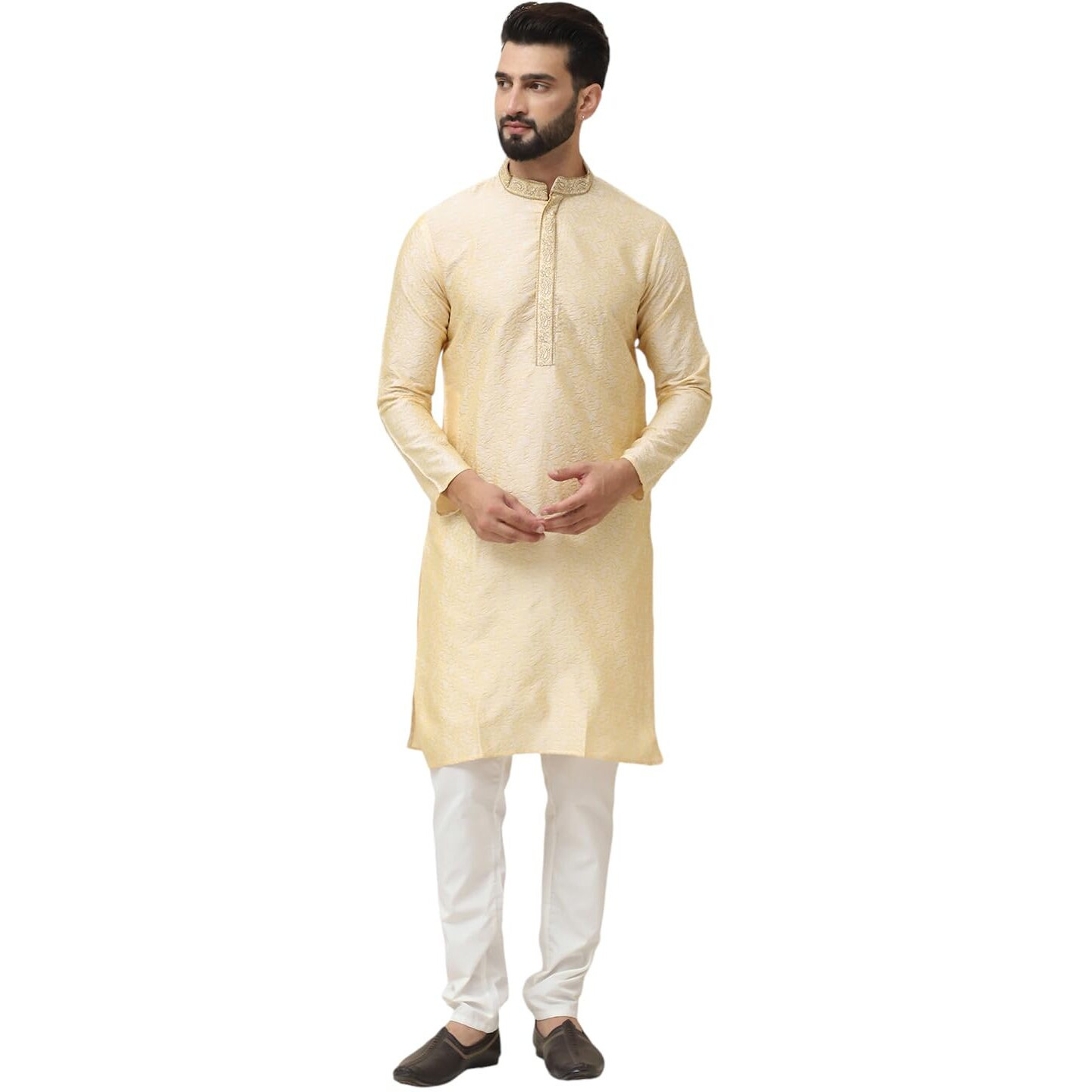 Sojanya (Since 1958 Men's Silk Blend Gold Self Design Kurta With Off White Churidar Pyjama