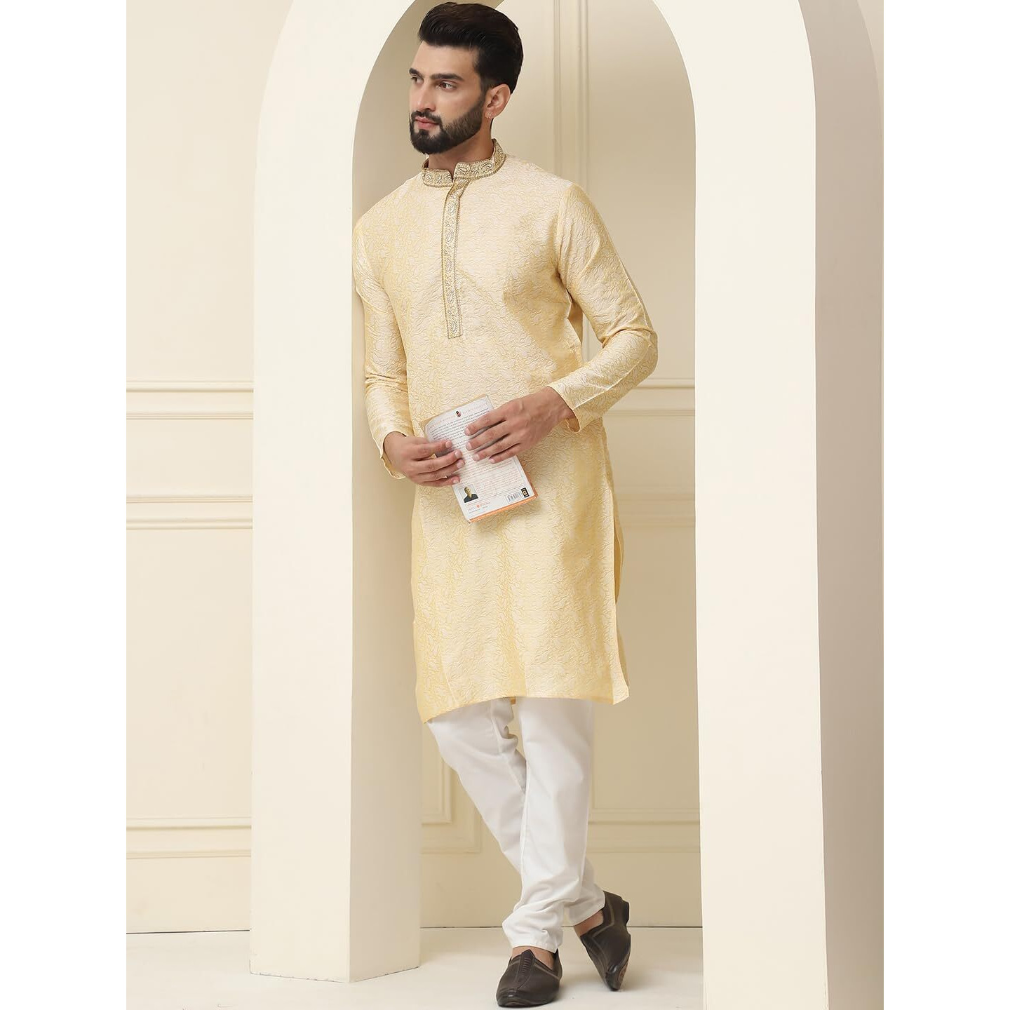 Sojanya (Since 1958 Men's Silk Blend Gold Self Design Kurta With Off White Churidar Pyjama