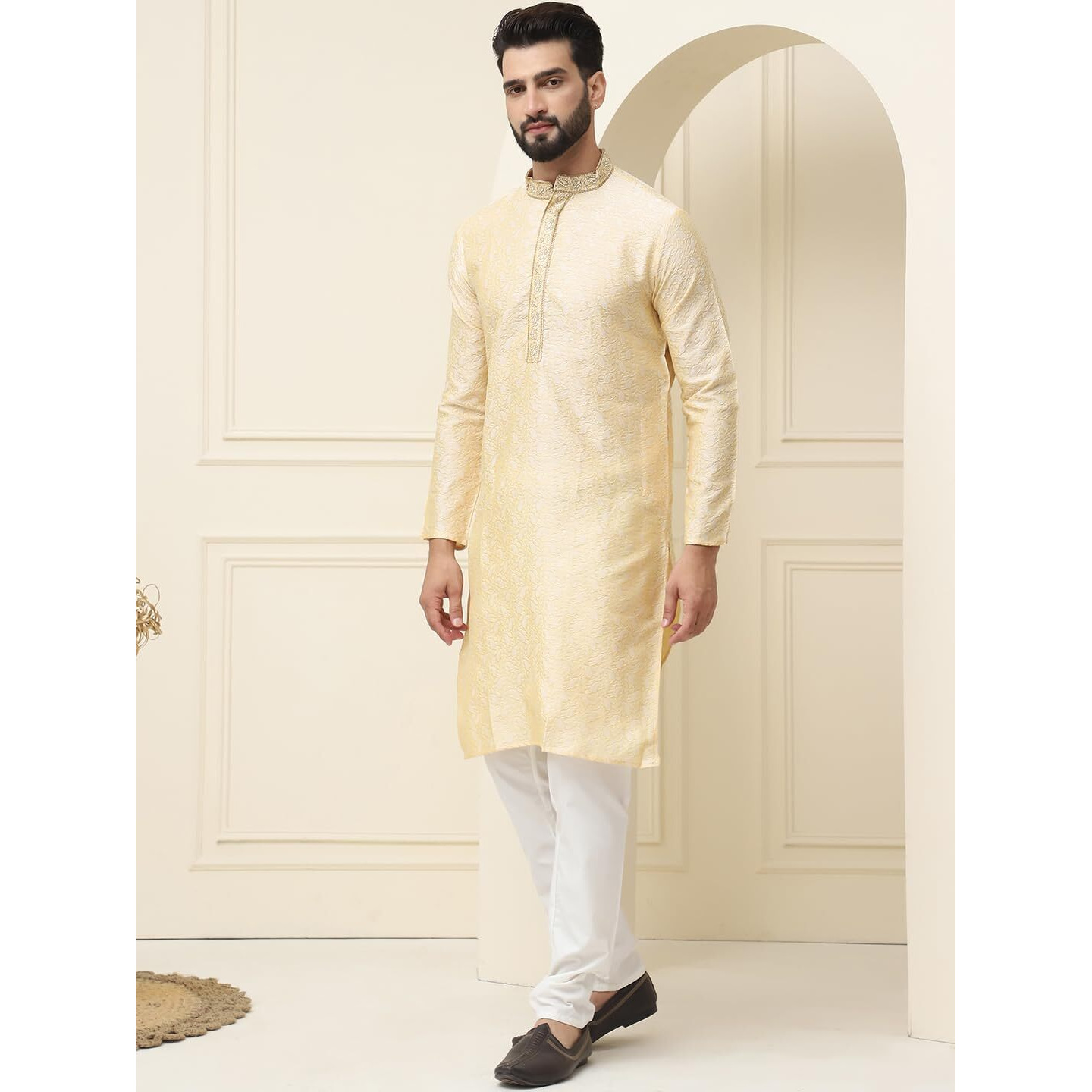 Sojanya (Since 1958 Men's Silk Blend Gold Self Design Kurta With Off White Churidar Pyjama