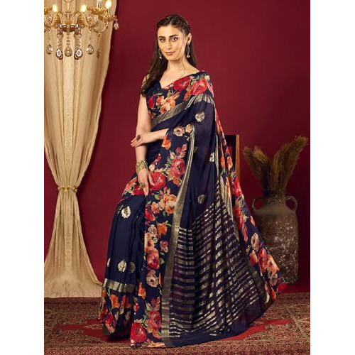 Satrani Women's Georgette Floral Printed Foil Work Saree With Unstitched Blouse Piece (4400S1048N_Navy Blue)