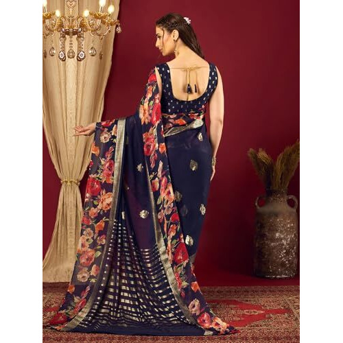 Satrani Women's Georgette Floral Printed Foil Work Saree With Unstitched Blouse Piece (4400S1048N_Navy Blue)