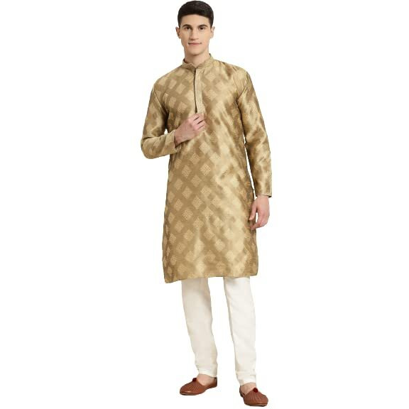 Sojanya (Since 1958 Men's Jacquard Silk Gold Self Design Kurta & Off White Churidar Pyjama Set