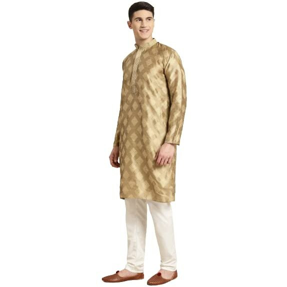 Sojanya (Since 1958 Men's Jacquard Silk Gold Self Design Kurta & Off White Churidar Pyjama Set