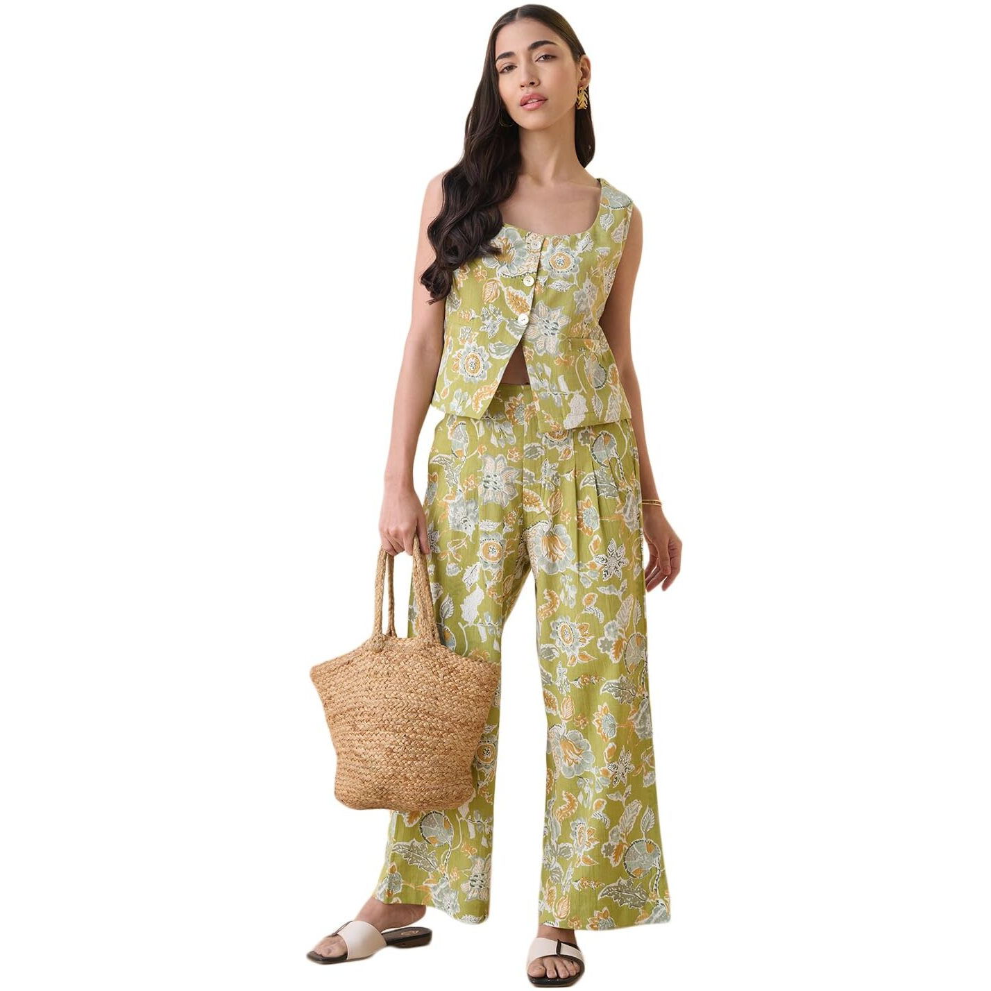 Stylum Women's Floral Printed Cotton Flax Co-Ord Set (Csgreenolly38_Green, M)