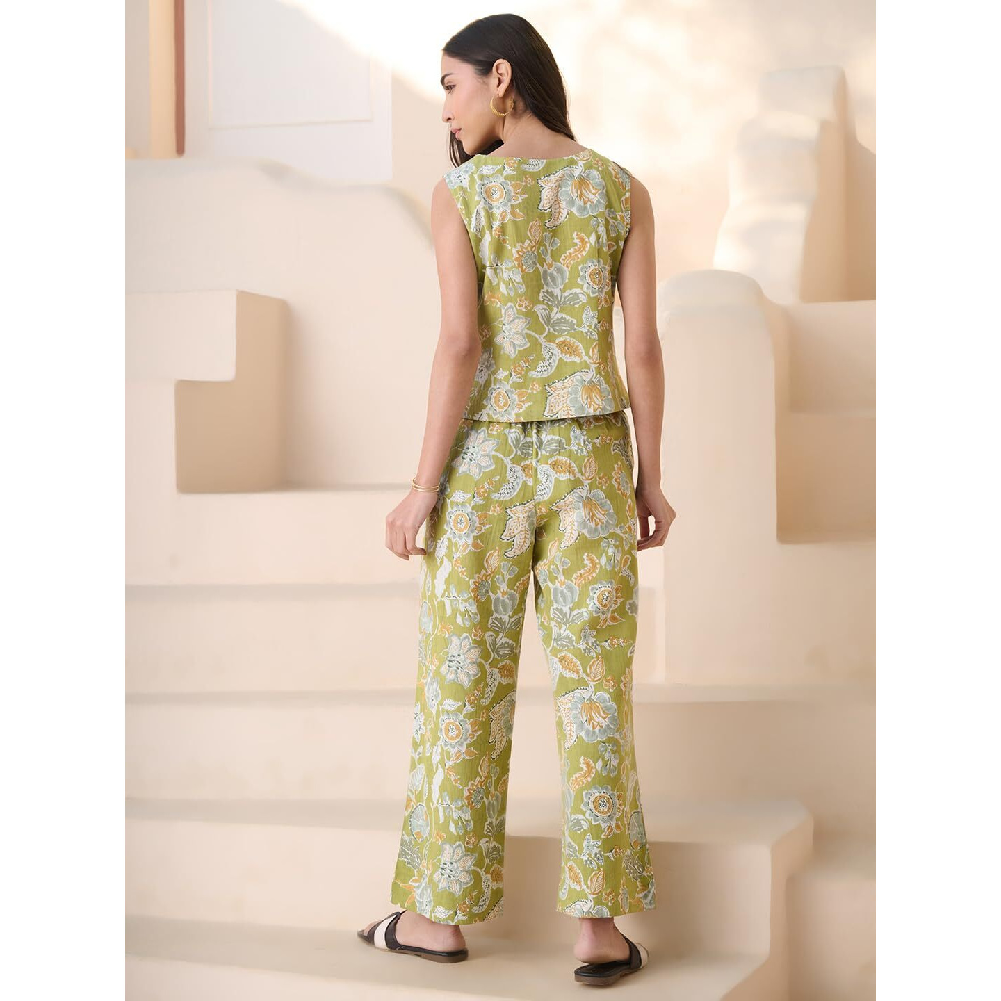 Stylum Women's Floral Printed Cotton Flax Co-Ord Set (Csgreenolly38_Green, M)