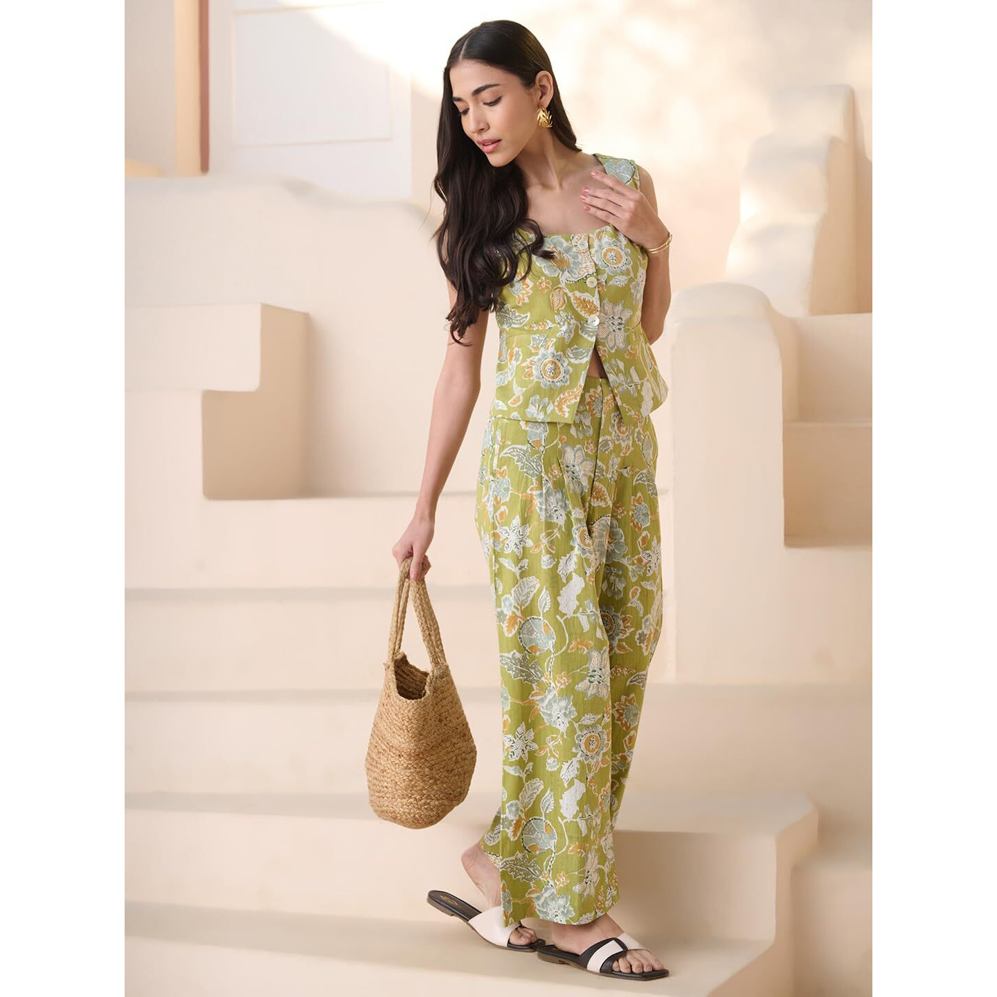 Stylum Women's Floral Printed Cotton Flax Co-Ord Set (Csgreenolly38_Green, M)