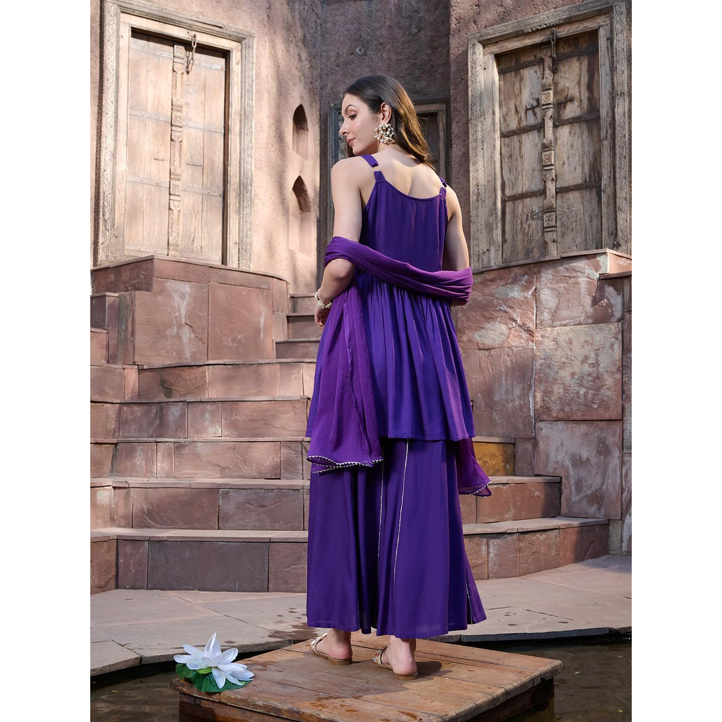 Stylum Women's Solid & Embrpodered Rayon Short Kurti Sharara Dupatta Set (Ksdvoilsolo38_Violet, M)