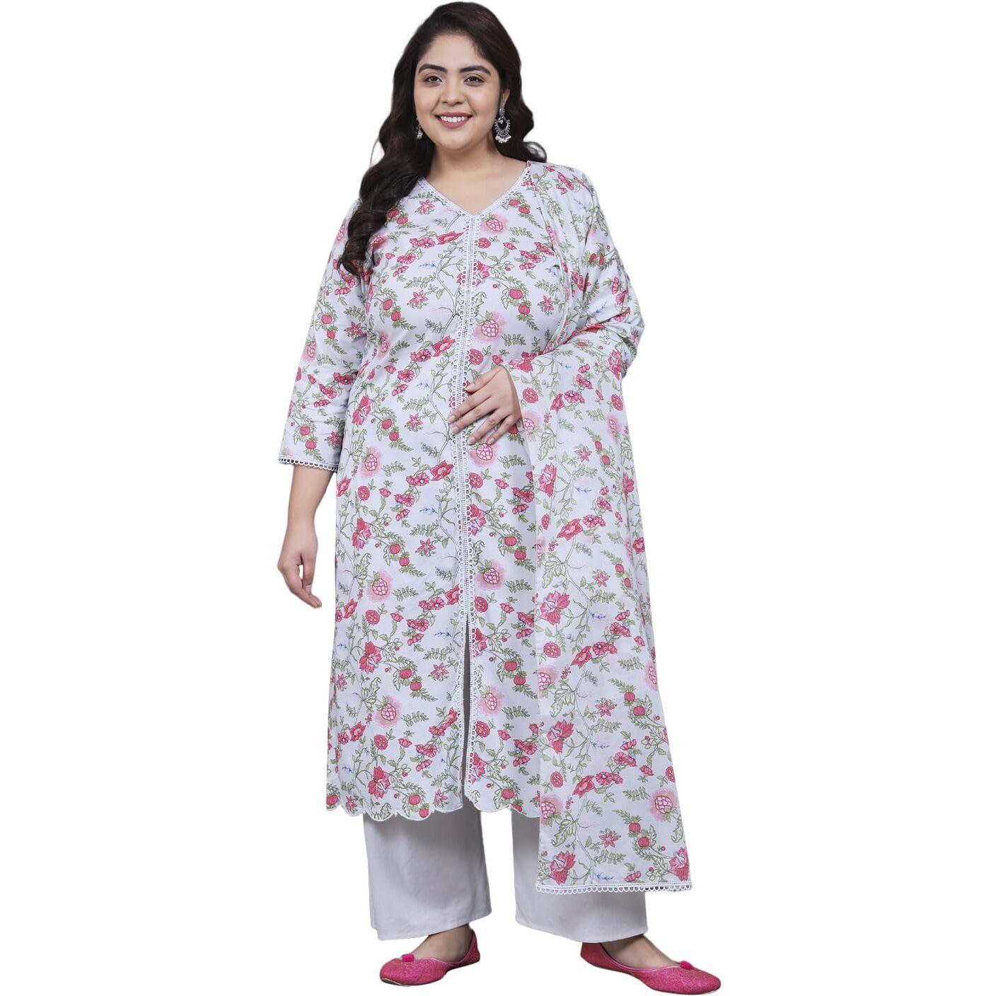 Tissu Women's Plus Size Floral Printed Pure Cotton Kurta & Palazzo With Dupatta (680_Green_8Xl)