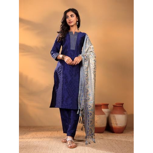Varanga Women's Navy Blue Ethnic Kurta Set - Straight Fit Dobby Textured Kurta With Zari Couching, Calf-Length Trouser & Floral Printed Dupatta (Medium)