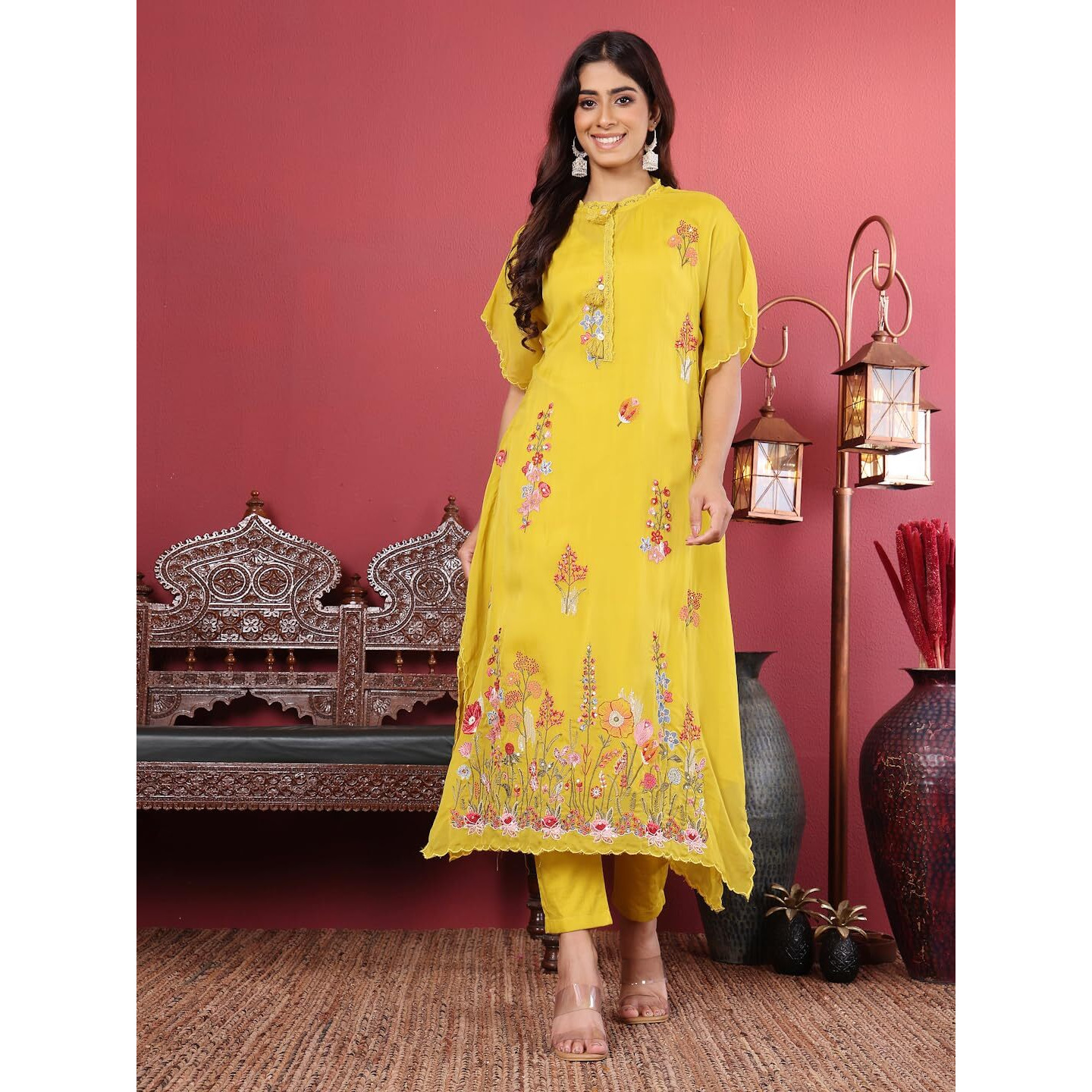 Varanga Women Floral Thread Embroidered Silk Kaftan With Tonal Bottom.