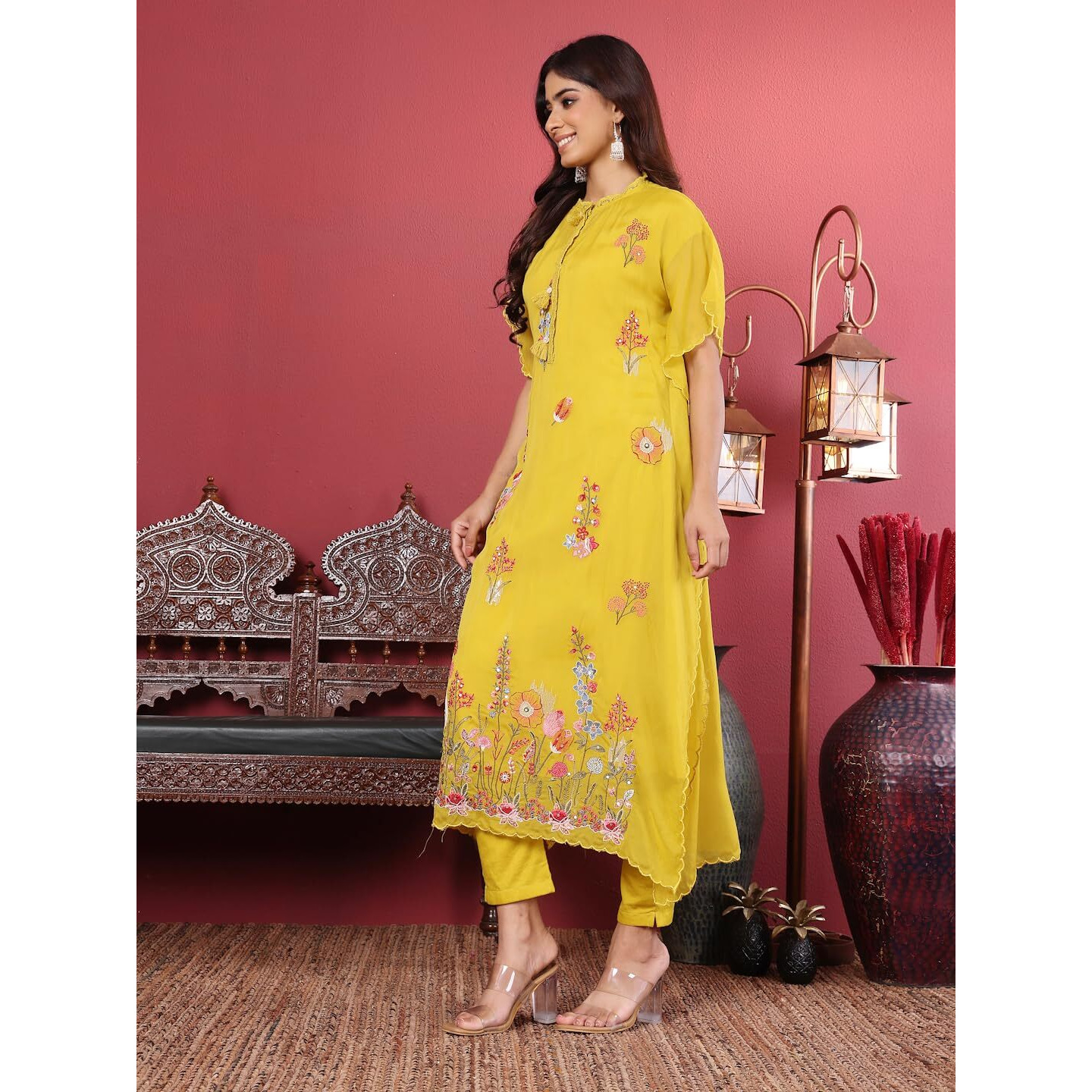 Varanga Women Floral Thread Embroidered Silk Kaftan With Tonal Bottom.
